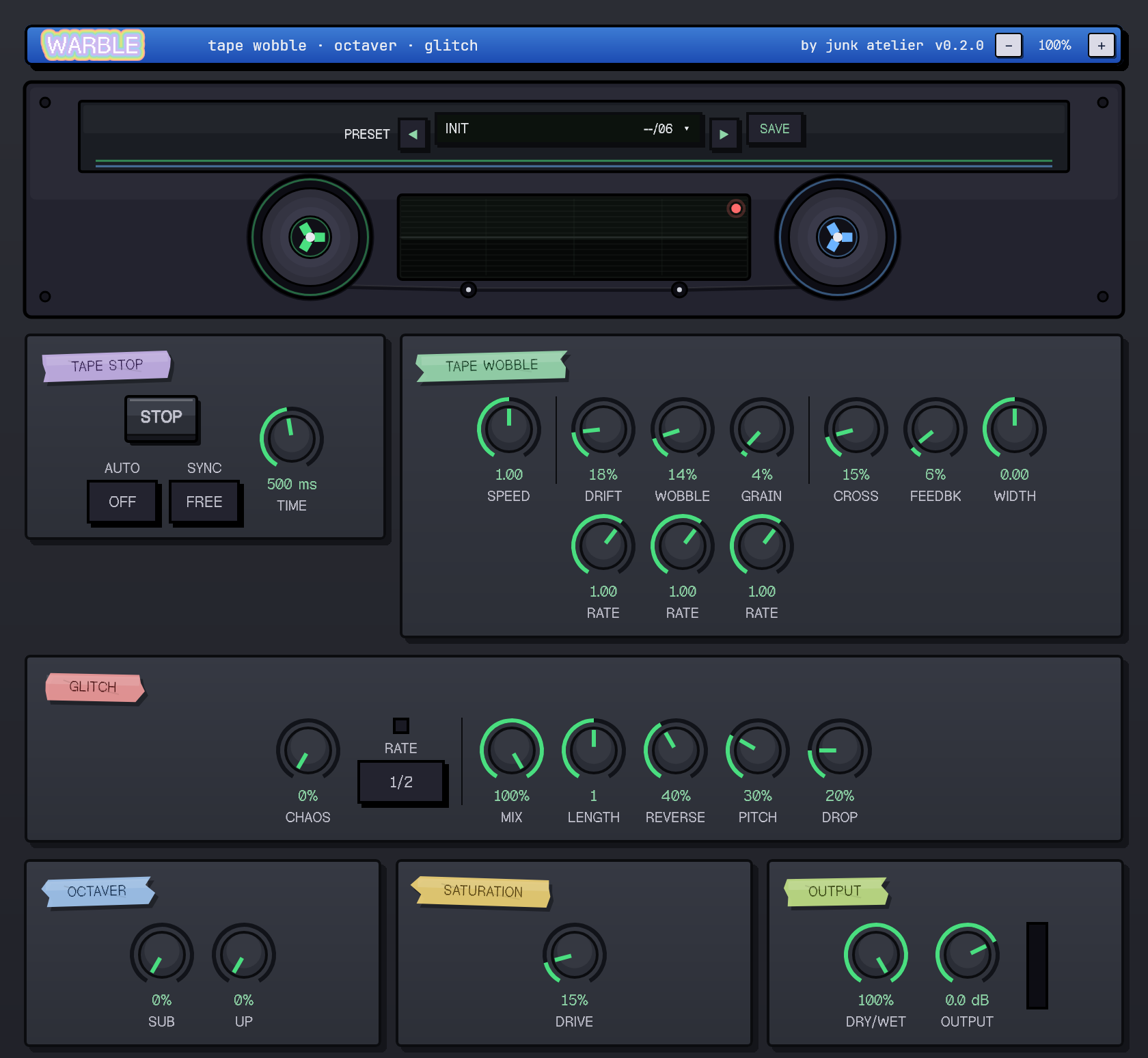Warble plugin interface: tape wobble, glitch, octave and saturation controls
