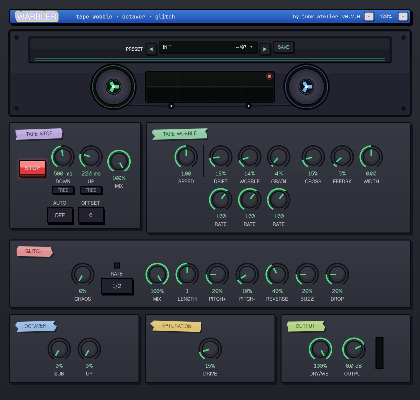 Warbler plugin interface: tape wobble, glitch, octave and saturation controls